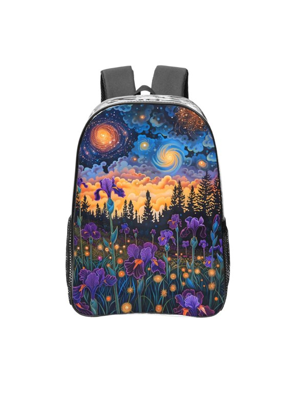 Cosmic Irises At Twilight Print Clear Backpack Heavy Duty Transparent Bag 17" See Through BookBag for Women Men Adults Work Festival Sports Travel