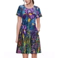 thumbnail image 1 of Honeii Cosmic Purple Irises Print Women’s Short Sleeve Dress, Comfortable Casual Dress, Soft Polyester Spandex Blend, Stylish Everyday Wear for Summer, Perfect for Travel and Vacation, 1 of 6