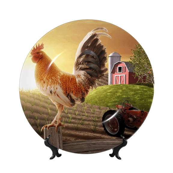 Honeii Country Farm Morning Rooster Print Elegant Bone China Decorative Plate, Porcelain Plate,Art Crafts,Ceramic Ornaments for Home Office Wall Decor-6in