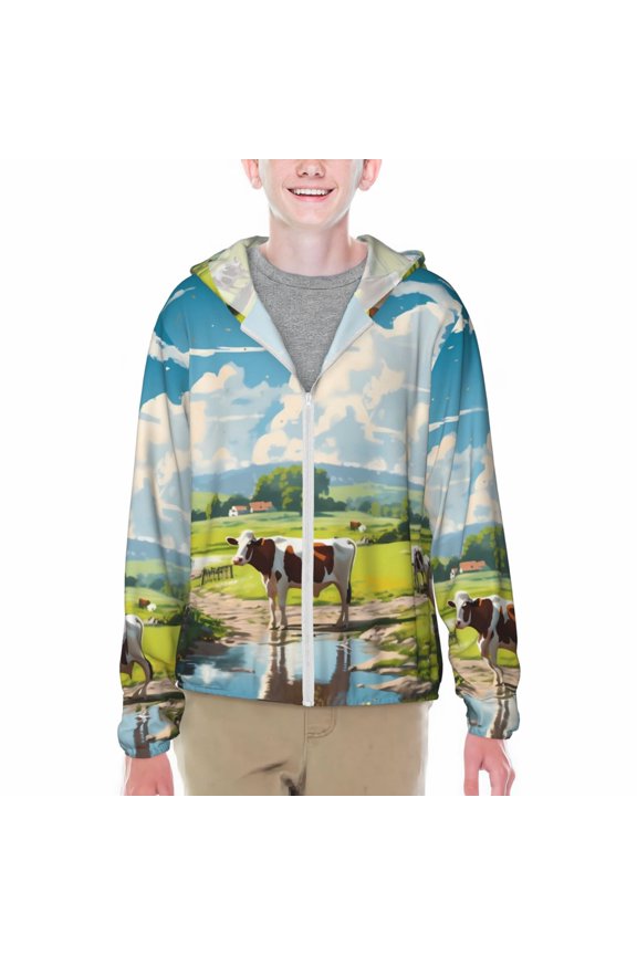 Countryside Farm Cow Print Sun Protection Jacket Hooded Cooling Shirt with Pockets Hiking Outdoor Performance-Small