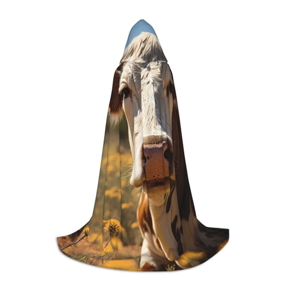 Honeii Countryside Flower Cow Print Poncho Cape, Cloak Coat, Snuggly Hooded Wearable Blanket, Hooded Cape For Teenagers,Halloween Costumes-Medium