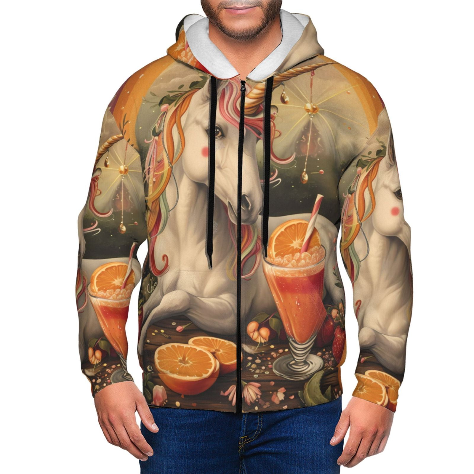 Honeii Countryside Fruit White Horse Print Hoodies for Men, Pullover