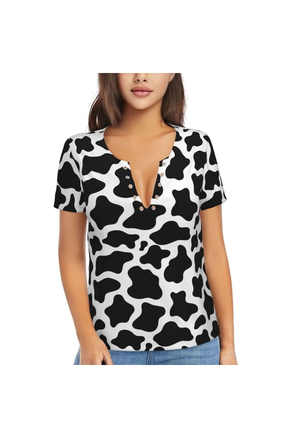 Cow Print Black White Print Women's V-Neck T-Shirt,Short Sleeve V Neck Tees Tops for Women , Perfect for Work, Travel, and Everyday Wear