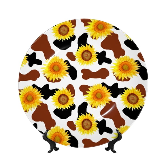 Honeii Cow Print Sunflower Print Elegant Bone China Decorative Plate, Porcelain Plate,Art Crafts,Ceramic Ornaments for Home Office Wall Decor-6in
