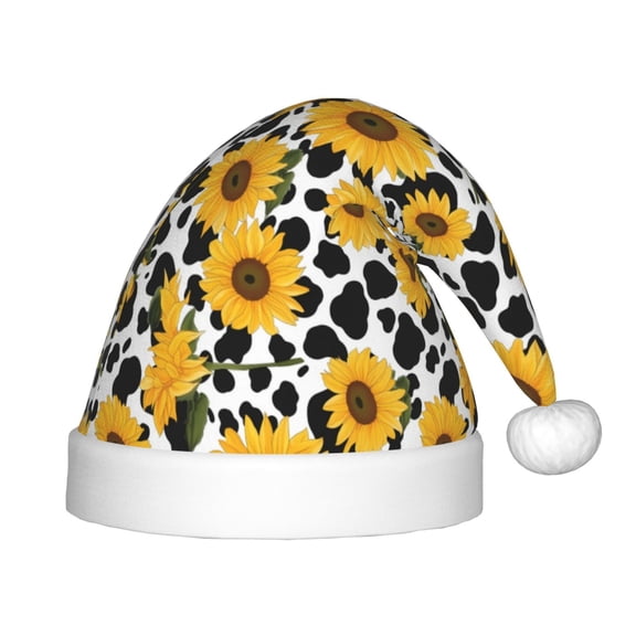Honeii Cow Print Sunflower Print Hat Santa Claus Hat For Xmas Party, Christmas Caps For Boys Girls Child,Christmas Beanie