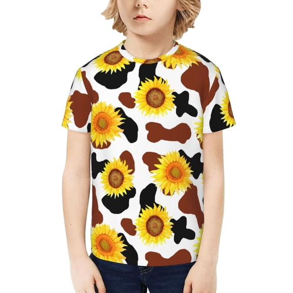 Honeii Cow Print Sunflower Print Kids Boy T-Shirt,Breathable Round Neck Tee,Stylish Summer Tee for Boys, for Outdoor Activities and Casual Wear