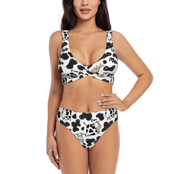 Honeii Cow Print Women’s Bikini Set,Two Piece Swimsuit Bathing Suits,Stylish High Elasticity Swimwear for Beach and Pool