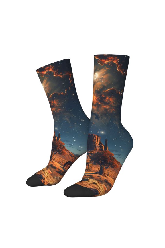 Cowboy Boots Under Starry Sky Print Adult Socks,Crew Socks,Casual Calf Socks,Daily Wear Socks for Men & Women, Perfect for Sports, Casual and Everyday Use