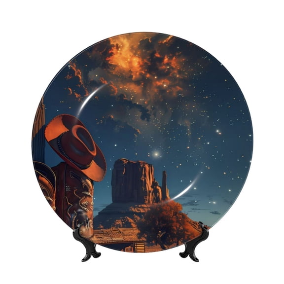 Honeii Cowboy Boots Under Starry Sky Print Elegant Bone China Decorative Plate, Porcelain Plate,Art Crafts,Ceramic Ornaments for Home Office Wall Decor-10in