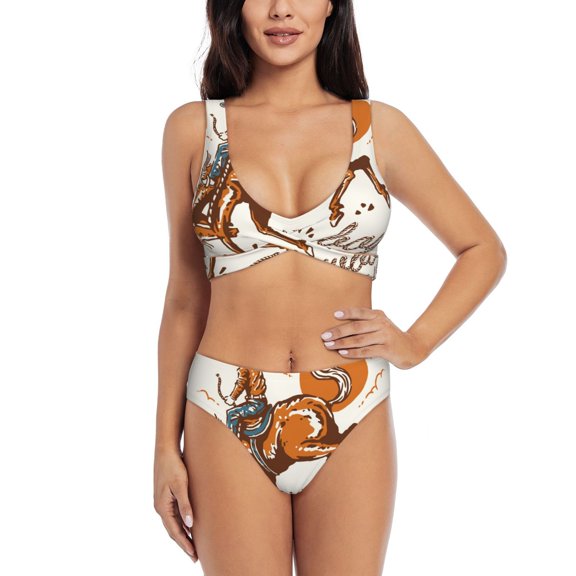 Honeii Cowboy Riding Horse Print Women’s Bikini Set,Two Piece Swimsuit Bathing Suits,Stylish High Elasticity Swimwear for Beach and Pool