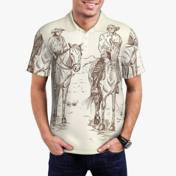 Honeii Cowboys Riding Horses In Desert Print Polo Shirt, A Classic Short-Sleeved, Button-Down Golf Shirt for Men,Mens Polo Shirts Short Sleeve-Medium