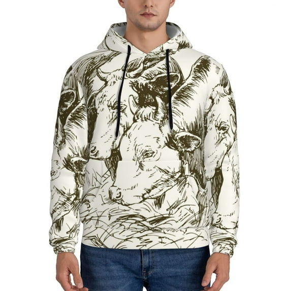 Honeii Cows Grazing On Meadow 1 Pattern Mens Hoodies Men's Loose Sleeve Sweatshirt,Pullover Hooded Sweatshirt for Men,Essentials Hoodie-Small