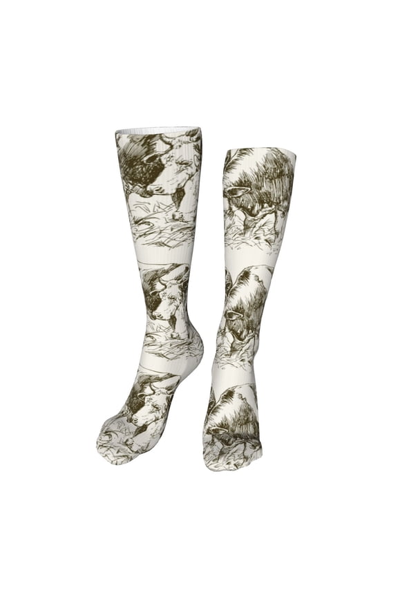 Cows Grazing On Meadow 1 Print Calf Socks Sports Socks Seamless Toe, Trouser Socks,Knee High Long Socks for Women and Men-One Size