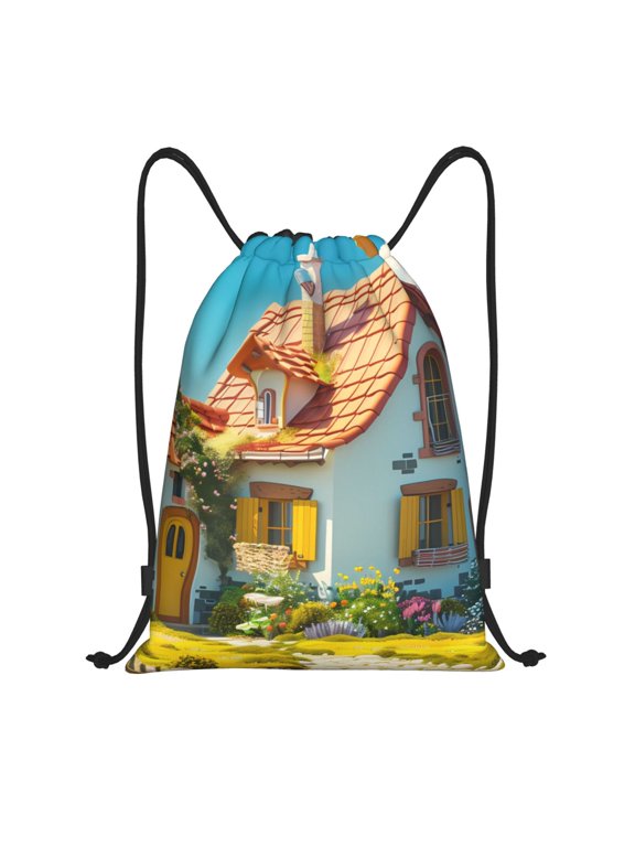 Cozy Cartoon Backyard Print Drawstring Backpack,Drawstring Bags String Backpack Gym Cinch Sack Backpack Sport Bag Draw-Small