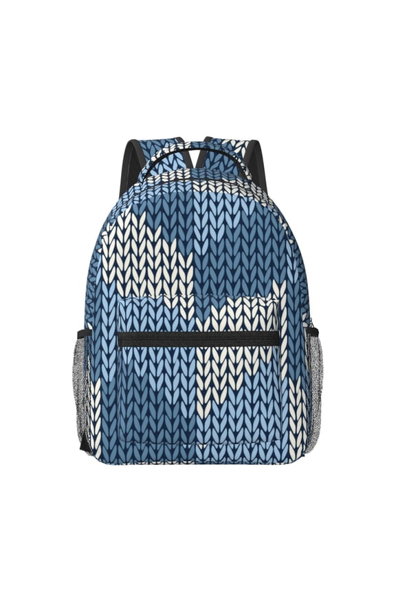 Cozy Knitted Blue Chevron Print Backpack for School,15.6 inch Laptop Back Pack for High School and College Students, Waterproof Computer Bookbag-One Size