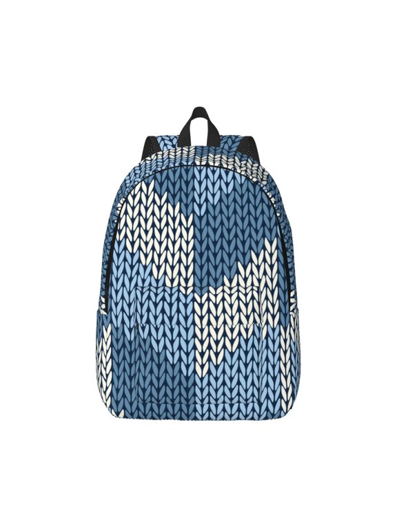 Cozy Knitted Blue Chevron Print Canvas College Laptop Backpack, Durable Rucksack Travel Notebook Bag School Backpack Book Bag for Men Women-Small