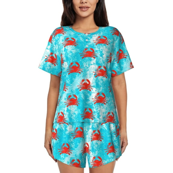 Honeii Crab Swims In The Ocean for Women's Summer Pajama Set ,Soft Short Sleeve Shirt & Matching Bottoms,Loungewear,2PCS Sleepwear Relaxed Home Wear-