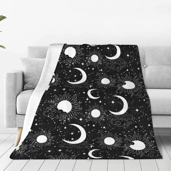Honeii Crescent and Stars Print Fleece Blanket - Throw Blanket for Bed, Sofa, Couch, Camping, and Travel , Microplush Ultra Soft Warm Blanket-
