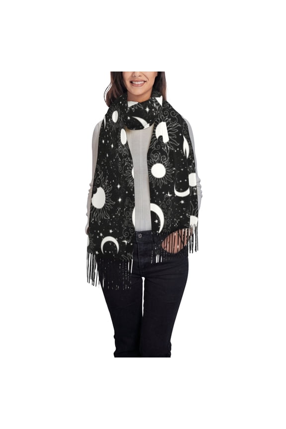 Crescent and Stars Print Scarf Oversized Scarf Tassel Fall Winter Thick Scarf Warm Shawl Women,Women's Scarves & Wraps