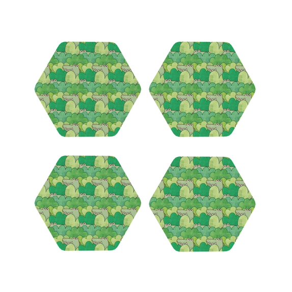 Honeii Crocodile And Bush print Leather Coaster Set of 4, ideal for safeguarding your furniture from drinks spills and effortless cleanup-Hexagon