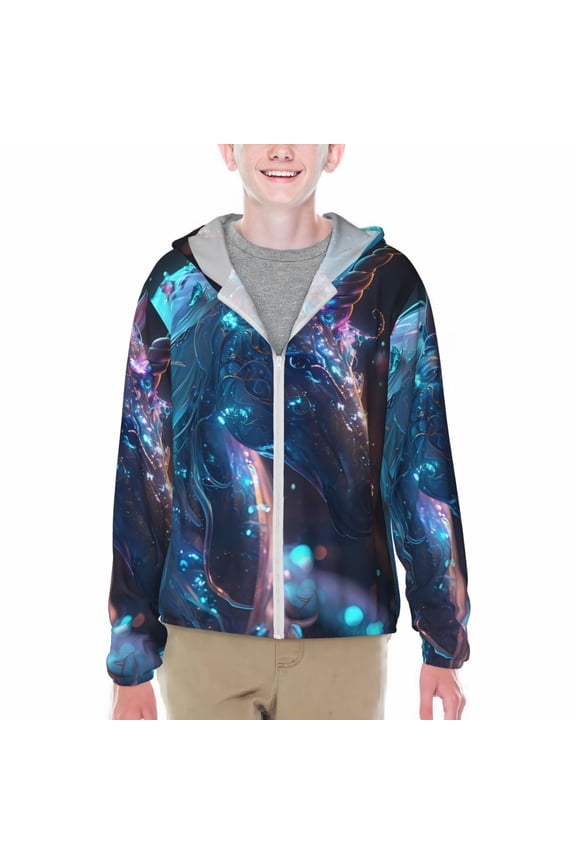Crystal Pattern White Horse Print Sun Protection Jacket Hooded Cooling Shirt with Pockets Hiking Outdoor Performance-Large