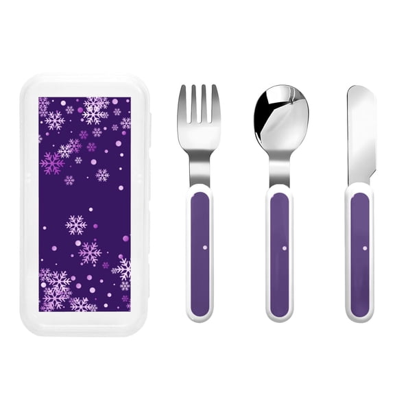 Honeii Crystal Purple Snowflake Print Children's Knife, Fork And Spoon Set,Reusable Utensils Set with Case,Travel Cutlery Set,for Kids Adults Camping