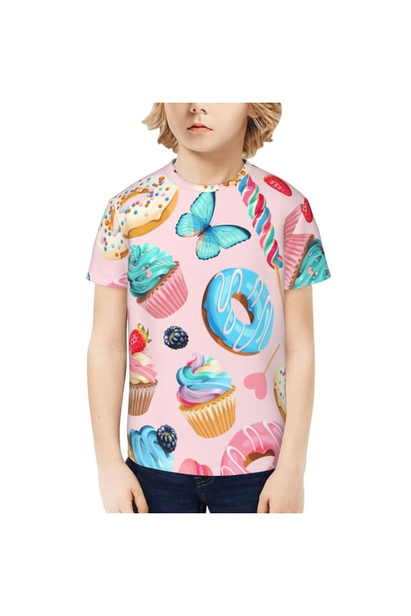 Cupcakes and Donuts Print Kids Boy T-Shirt,Breathable Round Neck Tee,Stylish Summer Tee for Boys, for Outdoor Activities and Casual Wear