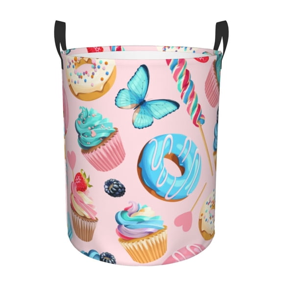 Honeii Cupcakes and Donuts Print Laundry Hamper Basket,Baby Nursery Woven Storage Basket for Toys Bin,Pillows,Blankets,Clothes-Small