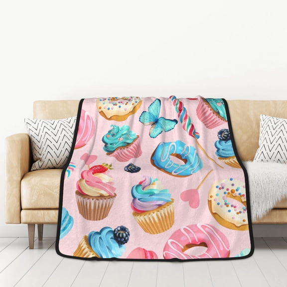 Honeii Cupcakes and Donuts for Throw Blanket for Couch - Thick Blanket, Soft Fuzzy Plush Throw Blanket for All Seasons, Double Sided Blanket,50x60 In