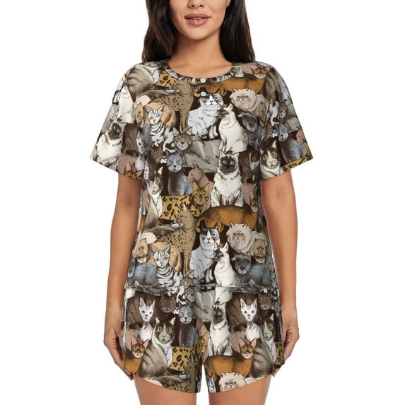 Honeii Cut Cats for Women's Summer Pajama Set featuring Soft Short Sleeve Shirt & Matching Bottoms with Convenient Pockets for Relaxed Home Wear-Small