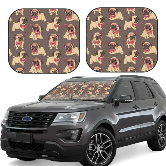 Honeii Cut Pug Print Foldable Car Sun Shade for Windshield, 2-Piece UV Protection Shade, Protects Car Interior, Ideal for Cars, Trucks, SUVs-Large
