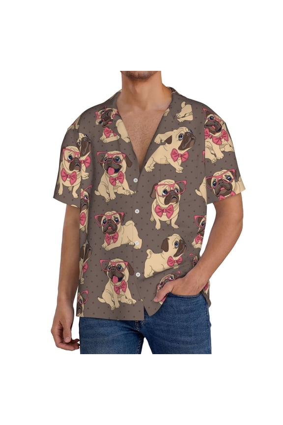 Cut Pug for Men's Short-Sleeved Button-Up Collared Shirt Featuring A Pocket, Perfect for Beach Vacations, And Travel Adventures.-Medium