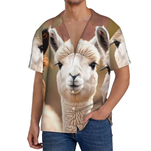 Honeii Cute Alpaca in Daze for Men's Short-Sleeved Button-Up Collared Shirt Featuring A Pocket, Perfect for Beach Vacations, And Travel Adventures.-Medium