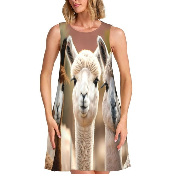 Honeii Cute Alpaca in Daze Print Women's Sleeveless Dress, Loose Fit Casual Dress for Women, Summer Fashion Dress