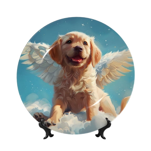 Honeii Cute Angel Winged Dog Print Elegant Bone China Decorative Plate, Porcelain Plate,Art Crafts,Ceramic Ornaments for Home Office Wall Decor-6in