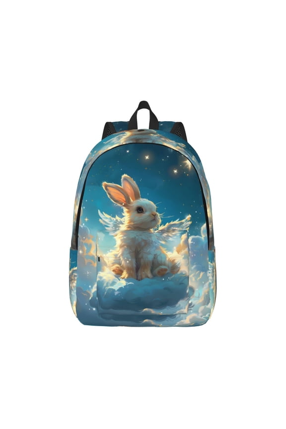Cute Angel Winged Rabbit Print Canvas College Laptop Backpack, Durable Rucksack Travel Notebook Bag School Backpack Book Bag for Men Women-Small