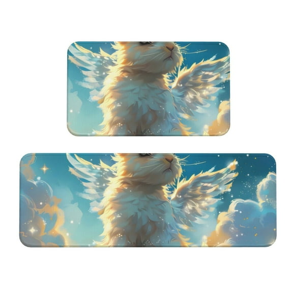 Honeii Cute Angel Winged Rabbit Print Kitchen Mat [2 PCS] for Floor, Waterproof Non-Slip Rugs, Kitchen Decor,Standing Mat for Floor,Office, Sink, Laundry
