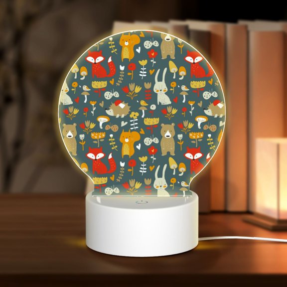 Honeii Cute Animal Forest Print Acrylic LED Night Lamp,Round Touch-Control Night Light with 3 Lighting Modes,for Bedrooms, Living Rooms, and Gifting