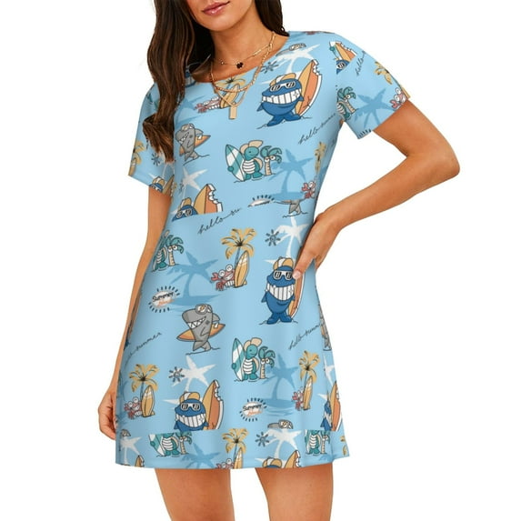 Honeii Cute Animals Surfers Print Women's Loose Short Sleeve Nightgown, Soft Cotton Sleepwear, Comfy Loose Fit Pajama Dress for Sleep and Lounge
