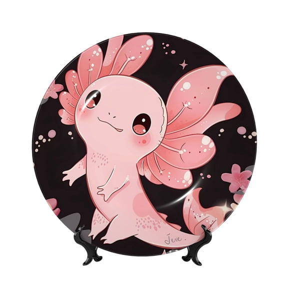 Honeii Cute Axolotl Sakura Blossoms A Print Elegant Bone China Decorative Plate, Porcelain Plate,Art Crafts,Ceramic Ornaments for Home Office Wall Decor-7in