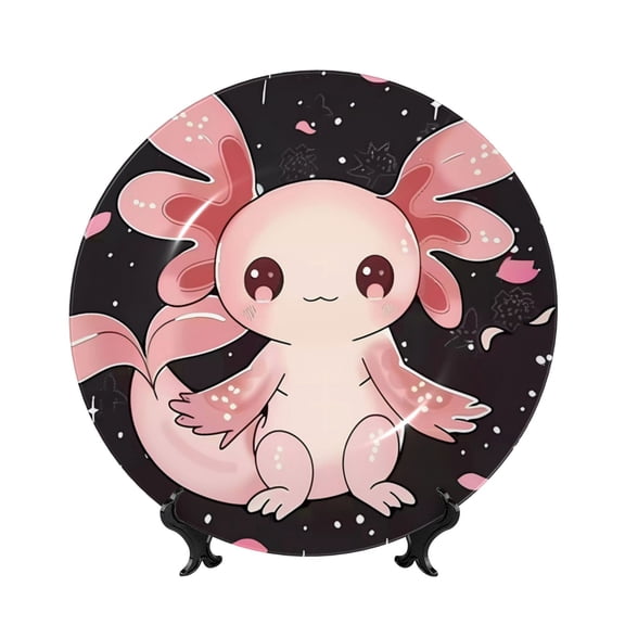 Honeii Cute Axolotl Sakura Blossoms Print Elegant Bone China Decorative Plate, Porcelain Plate,Art Crafts,Ceramic Ornaments for Home Office Wall Decor-8in