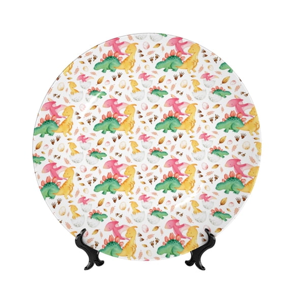Honeii Cute Baby Dinosaurs Print Elegant Bone China Decorative Plate, Porcelain Plate,Art Crafts,Ceramic Ornaments for Home Office Wall Decor-8in