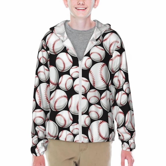Honeii Cute Baseball Print Sun Protection Jacket Hooded Cooling Shirt with Pockets Hiking Outdoor Performance-X-Large