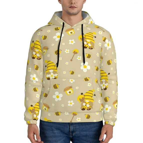 Honeii Cute Bee Gnome 2 Pattern Mens Hoodies Men's Loose Sleeve Sweatshirt,Pullover Hooded Sweatshirt for Men,Essentials Hoodie-Small