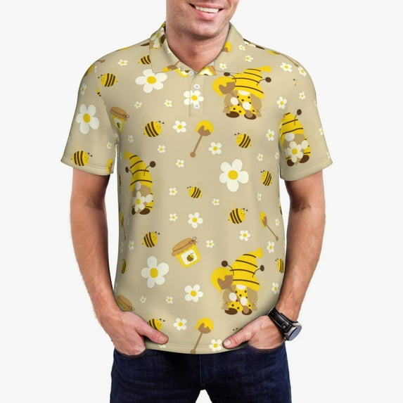 Honeii Cute Bee Gnome 2 print Polo Shirt, a classic short-sleeved, button-down golf shirt designed for menXX-Large