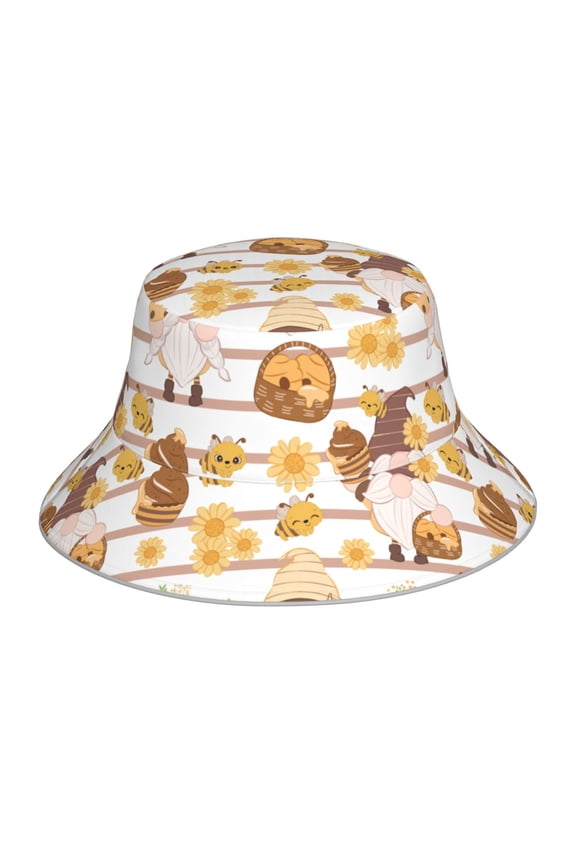 Cute Bee Gnome for Unisex Bucket Hat Waterproof Rain Hat Reversible Shiny Rave Bucket Hat for Concert Festival Boonie Cap