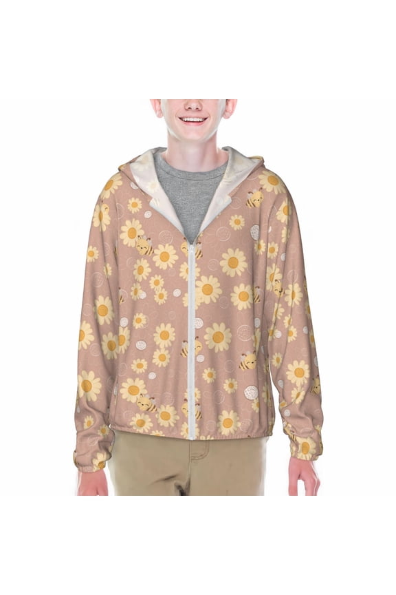 Cute Bee Print Sun Protection Jacket Hooded Cooling Shirt with Pockets Hiking Outdoor Performance-