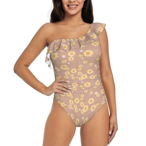Honeii Cute Bee for women's one-piece swimsuit featuring a chic one-shoulder design experience elegance and style in the water-XX-Large
