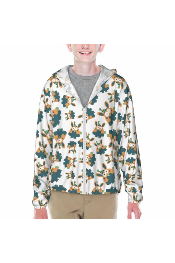 Cute Bunny Print Sun Protection Jacket Hooded Cooling Shirt with Pockets Hiking Outdoor Performance-Small