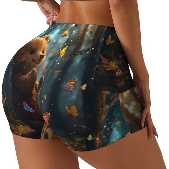 Honeii Cute Butterfly Bear Print Women's Workout Shorts, Gym Shorts for Active Wear, Sports Shorts,Women's Running Shorts,Quick Dry Athletic Shorts-XX-Large